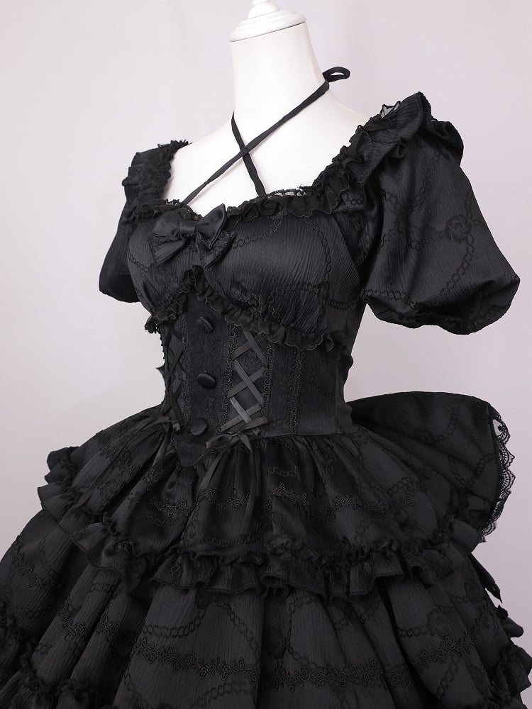 Black Princess Corset Waist Dress Ruffle Skirt Lolita OP with Big Bow at Back