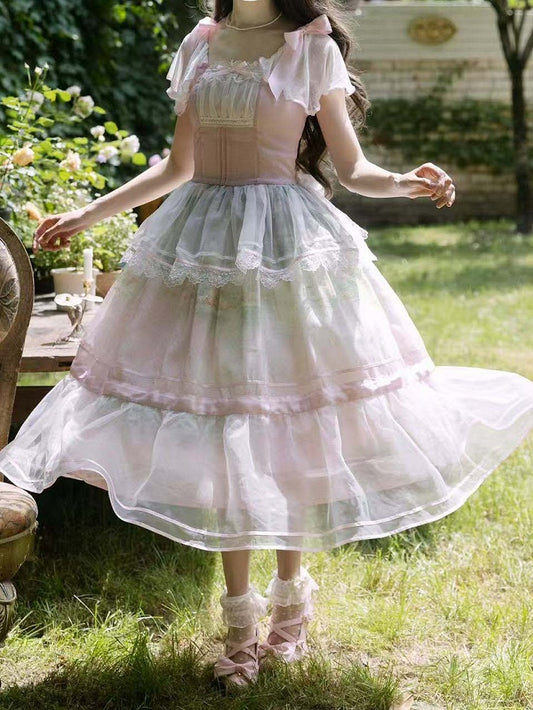 Oil Painting Water Lily Print Light Pink Square Neckline and Flutter Sleeves One Piece