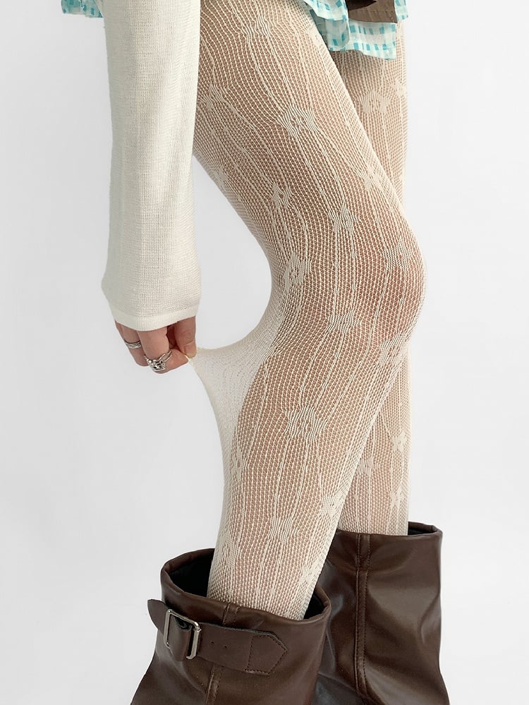 Beige Floral Details Hollow-out Design Tights