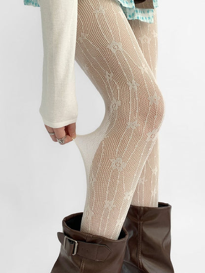 Beige Floral Details Hollow-out Design Tights