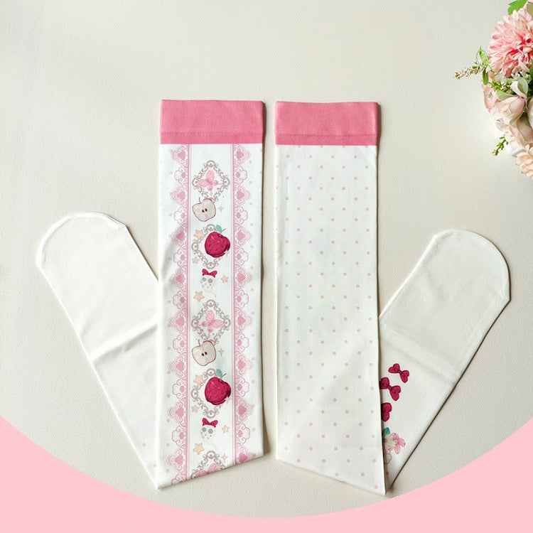 Red Apple and Bow Print Over Knee Stockings