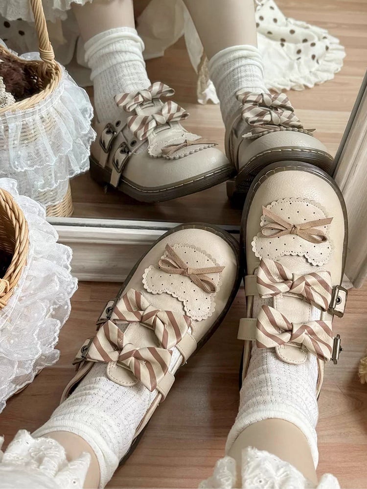 Beige Striped Pattern Bowknot Details Bear Design Lolita Flats