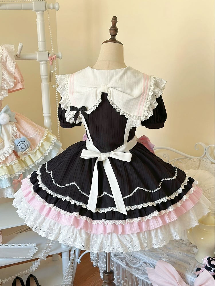 Black and Pink Sailor Collar Sweet Kitty Maid Lolita Dress with Heart Apron