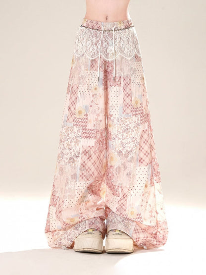 Pink Patchwork Design Elastic Waist Wide-leg Casual Pants with Lace Waist Accessory