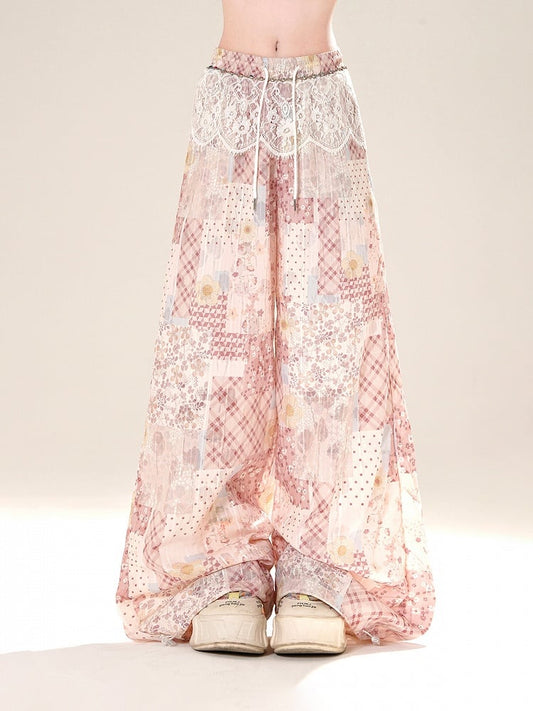 Pink Patchwork Design Elastic Waist Wide-leg Casual Pants with Lace Waist Accessory