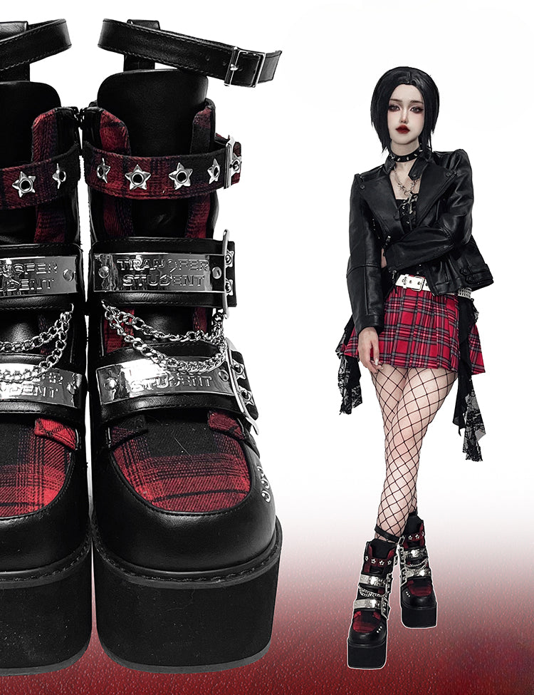 Black & Red Punk Rectangle Metal Plates Buckle Straps Platform High Block Heels with Studs and Chain