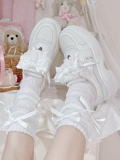 White Jirai Kei Detachable Bowknot Lace Trim Front Lace-up Ties Sneakers