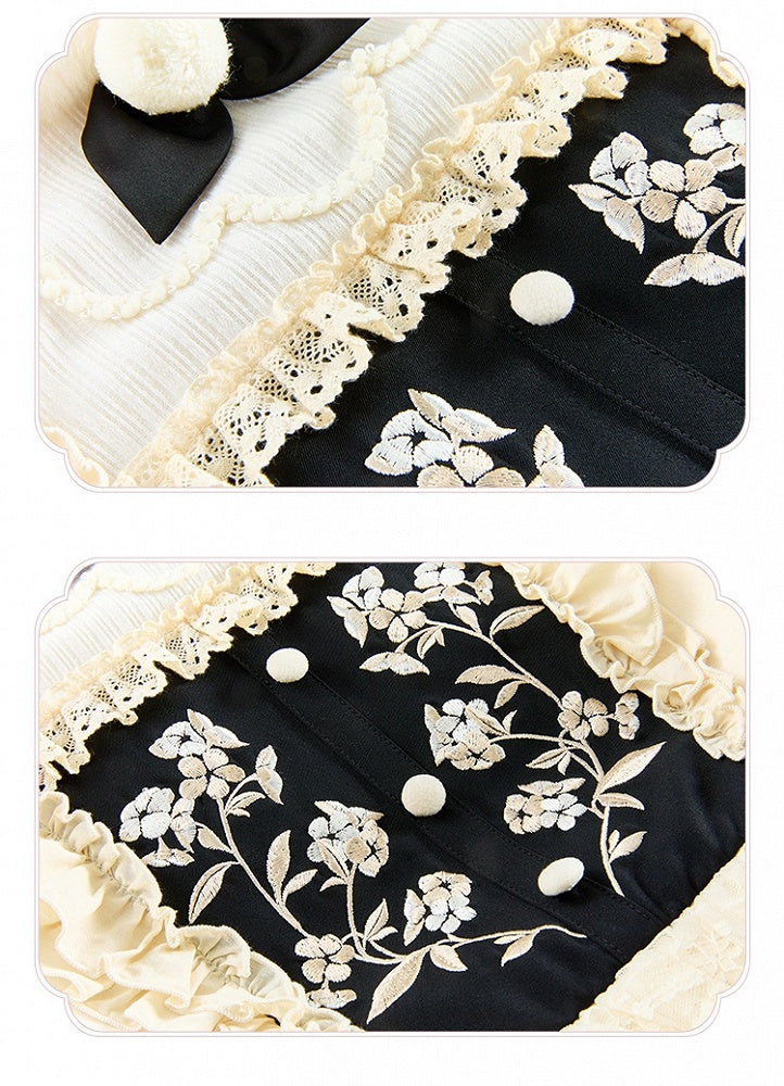 Beige Floral Embroidery Bodice Long Sleeves Lolita Dress Plush Neckline and Cuffs