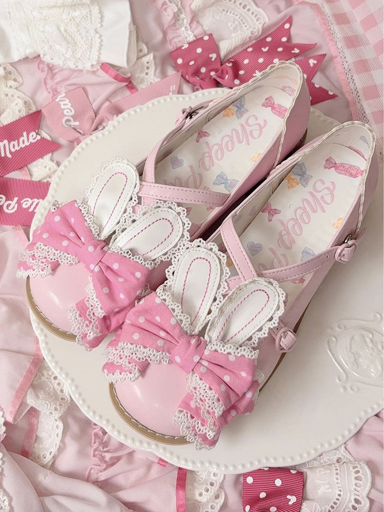 Pink Crisscross Design Bunny Ear Polka-dot Pattern Bow at Top Lolita Shoes