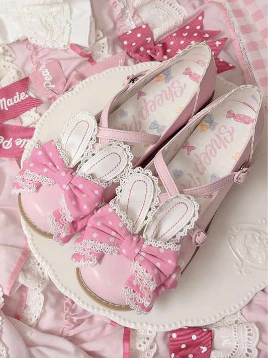 Pink Crisscross Design Bunny Ear Polka-dot Pattern Bow at Top Lolita Shoes