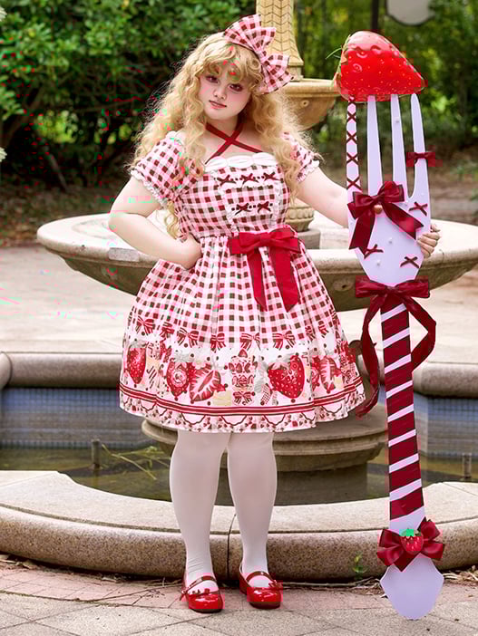 Plus Size Red Strawberry and Bow Print Lolita Gingham Dress