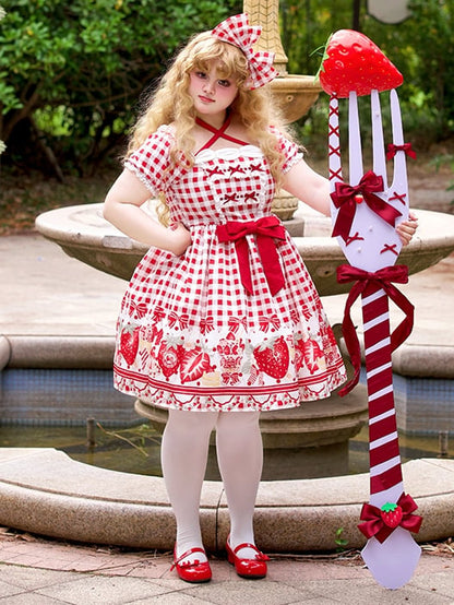 Plus Size Red Strawberry and Bow Print Lolita Gingham Dress