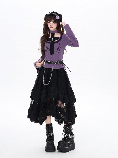 Black/Purple Bell Sleeves Cross Design Gothic Top and Choker All-in-one