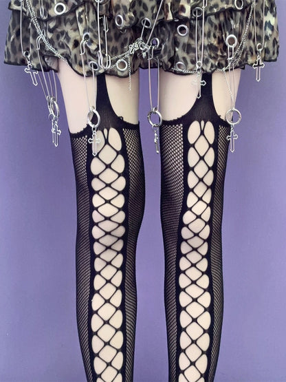 Black/Red/White Punk Rock Cut-out Design Suspender Stockings