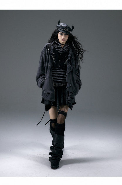 Black&White Stripe/Grey Rose Pattern Jacket with Flounce Hem