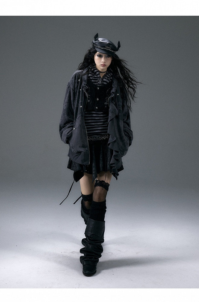 Black&White Stripe/Grey Rose Pattern Jacket with Flounce Hem