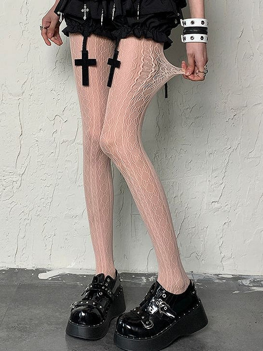 Wasteland Punk Light Pink Striped Hollow-out Design Y2K Tights