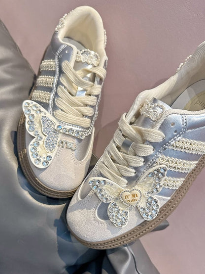 Beads and Rhinestones Detail Silver Butterfly Decorated Sneakers