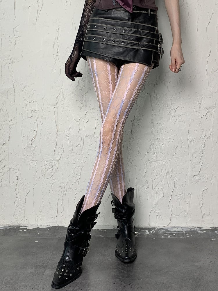 Gray Yellow/Pink Blue Tie-Dye Y2K Cut-out Design Fishnet Tights