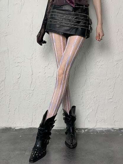 Gray Yellow/Pink Blue Tie-Dye Y2K Cut-out Design Fishnet Tights