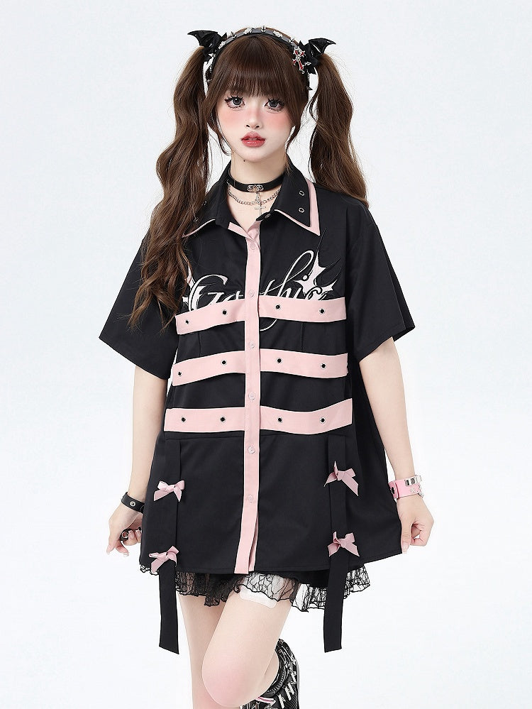 Bowknot Details Black Cyberpunk Short Sleeves Shirt