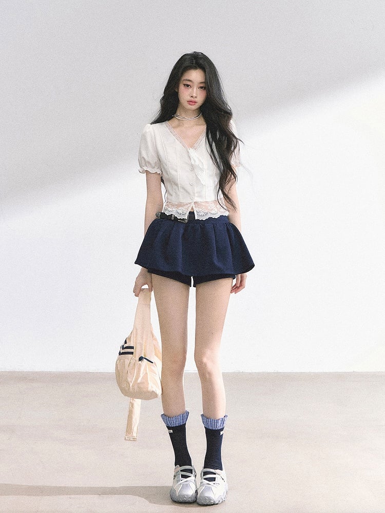 White Self-tie Straps Neckline Lace Hem Puff Sleeves Blouse