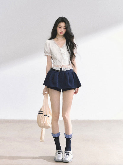 White Self-tie Straps Neckline Lace Hem Puff Sleeves Blouse