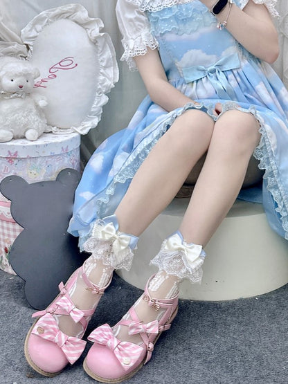 White Lolita Semi-sheer Calf Socks With Lace Cuffs And White/Gray/Pink Bowknot Details