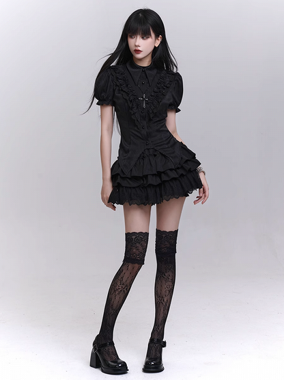 Black Elastic Waist Lace Trim Mini Tiered Skirt Bloomers Lining