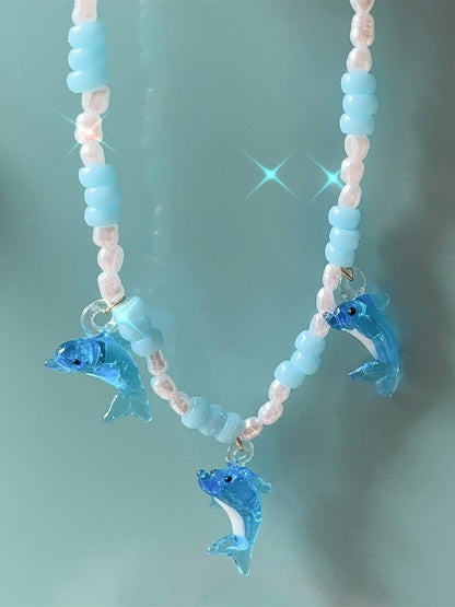 Blue Y2K Dolphin Pendant Beaded Necklace