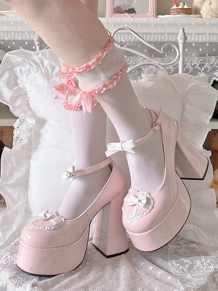Bow Accents Heart Design Pink and White Platform Block High Heels