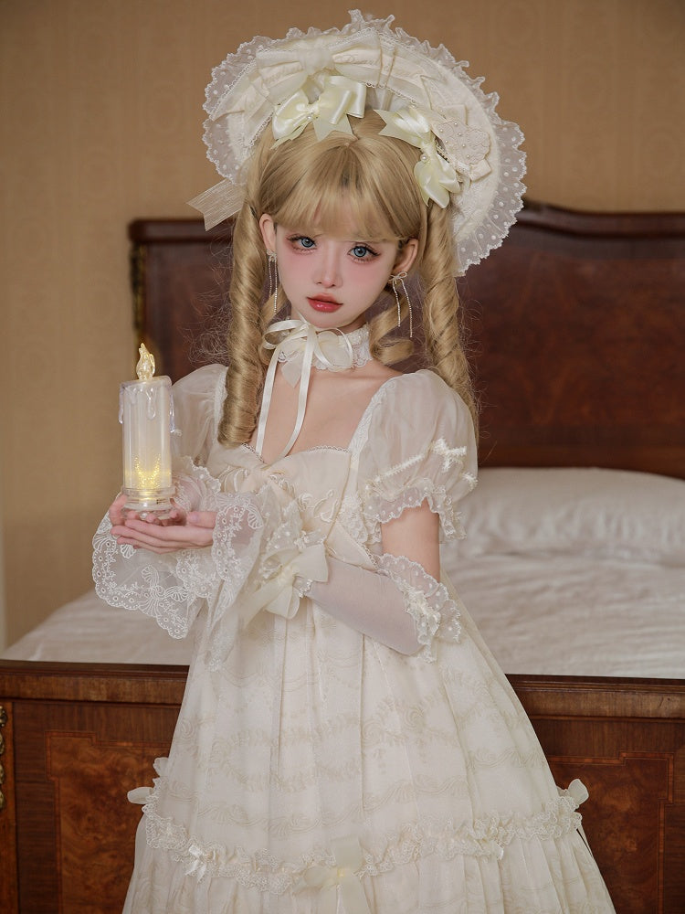 Embroidered Big Bow Neckline Cream Print Creamy White Puff Sleeves Lolita Dress