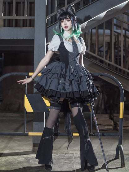 Gray and Black Under Bust Techwear Buckle Strap Lolita Dress