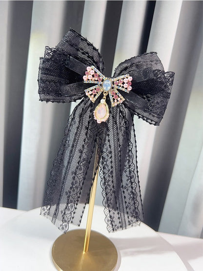 Black/Pink Preppy Style Rhinestone Decorated Bowknot Brooch