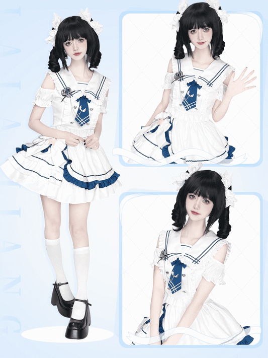 Sailor Collar Cutout Shoulder Top with Tiered Skirt White and Blue Preppy Style Idol Full Set