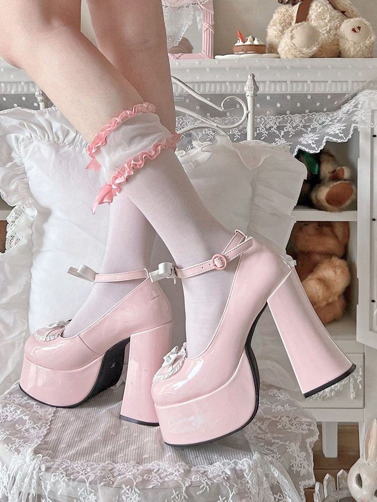 Bow Accents Heart Design Pink and White Platform Block High Heels