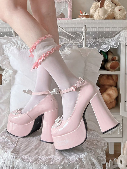 Bow Accents Heart Design Pink and White Platform Block High Heels