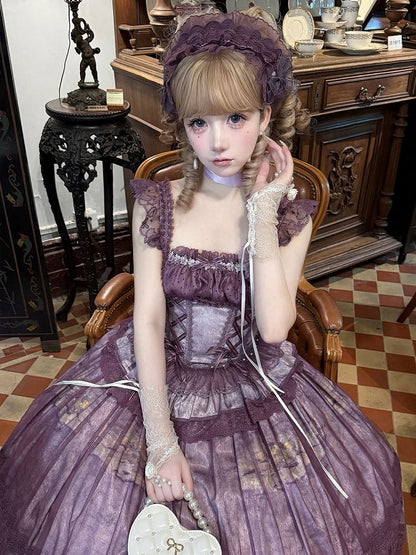 Purple Classic Lolita Boned Basque Waist Top + Oil Painting Print Overlay Skirt