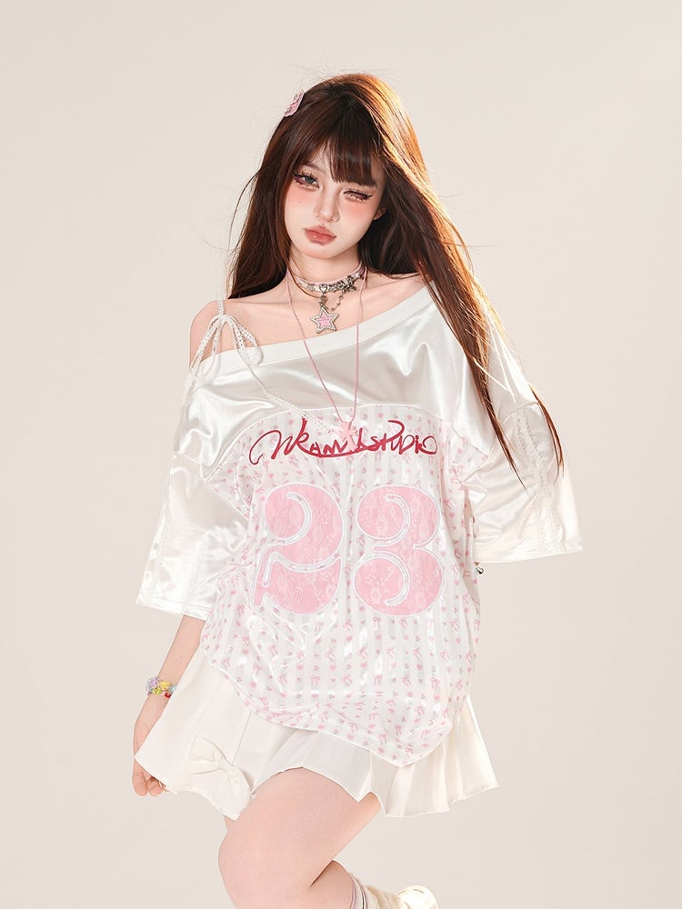 Asymmetrical Neckline Lace Number Applique Pink/Black Loose T-Shirt