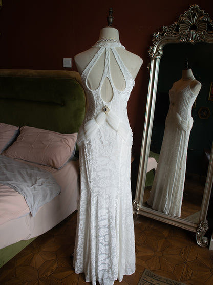 Vintage Rhinestones White Cutout Back V-neck Velvet Gown Evening Dress