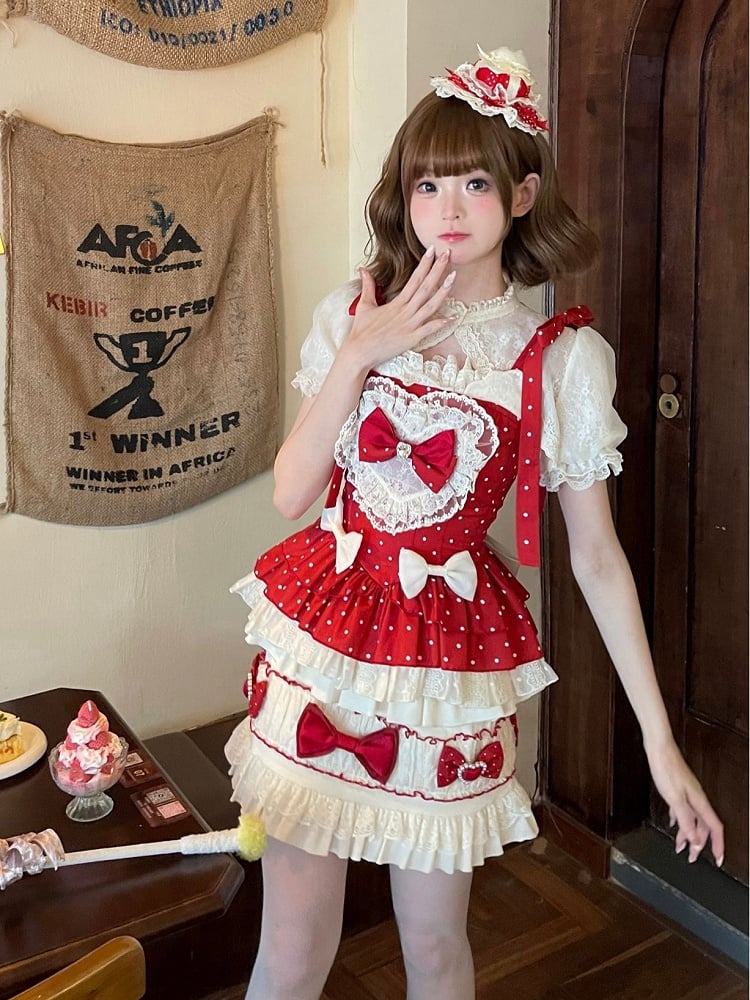 Red Polka Dots Sweet Bow Accents Lolita Full Set - Cami Top + Skirt + Puff Sleeves Cropped Top