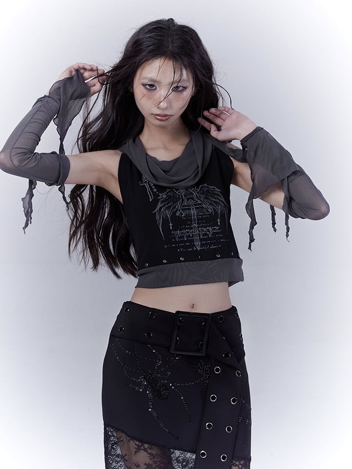 Black Cross Wing Print Punk Studded Sleeveless Top with Free Armwear