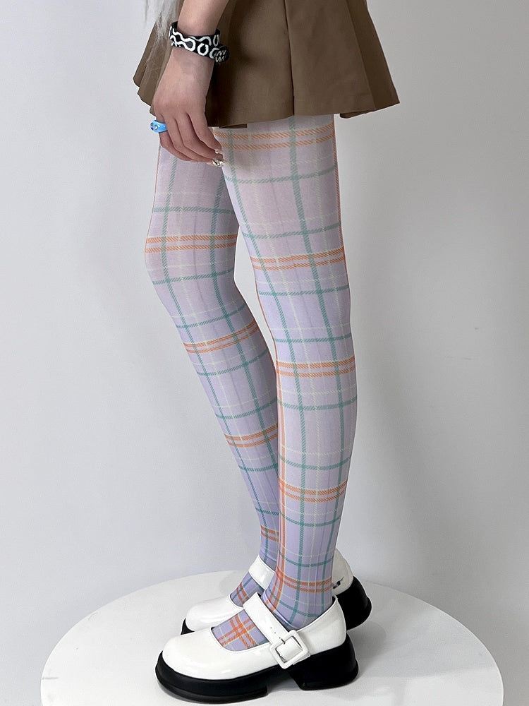 White&Green/Purple Y2K Plaid Tights
