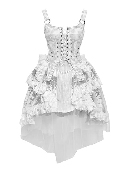 Grey Punk Corset Bodice Dress with Detachable Tulle Train