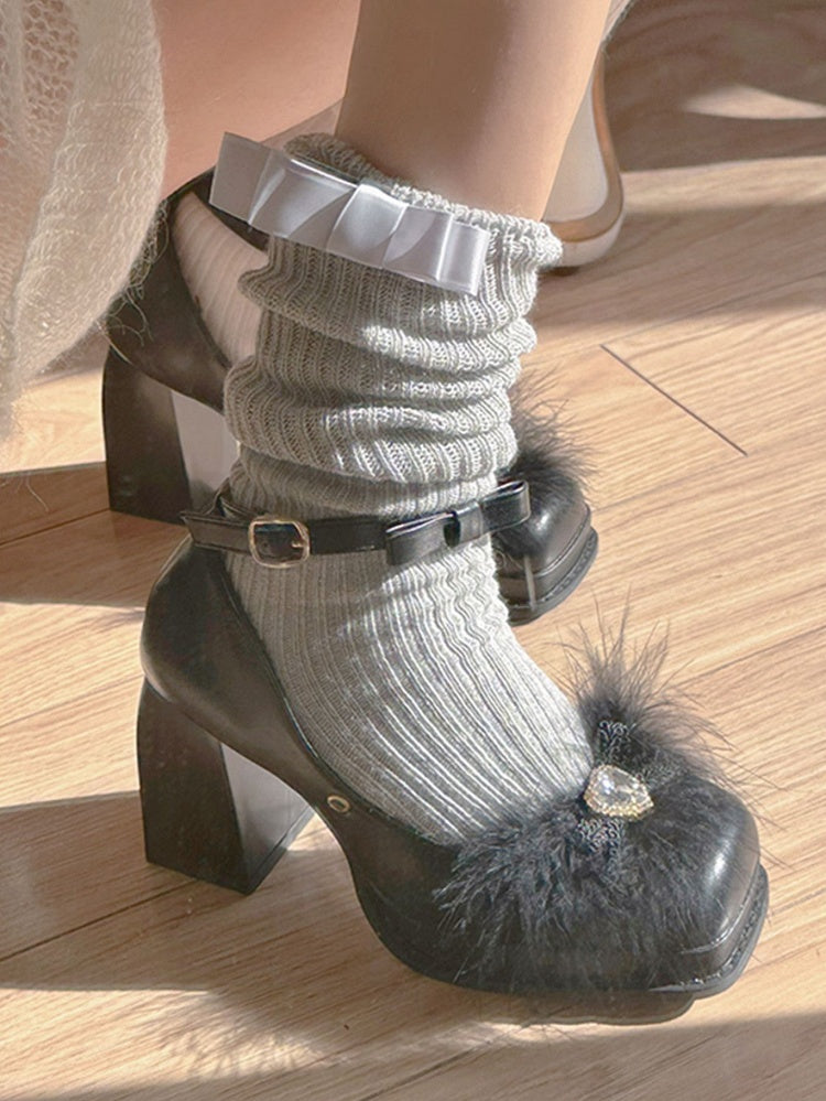 Heart-shaped Rhinestone Black High Block Heel Mary Janes