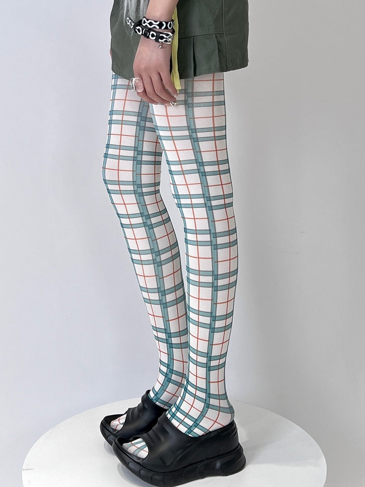 White&Green/Purple Y2K Plaid Tights
