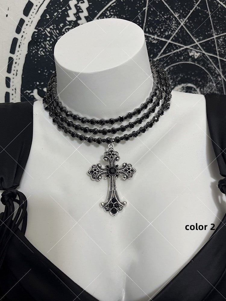 White/Black Gothic Punk Cross Pendant Multi-layer Choker