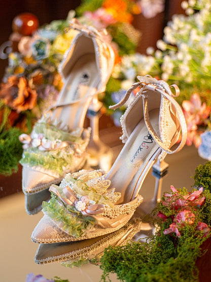 Green Beaded Decorated Knotted Bow Accent Floral Design Pointed Toe 5CM/8CM High Heels