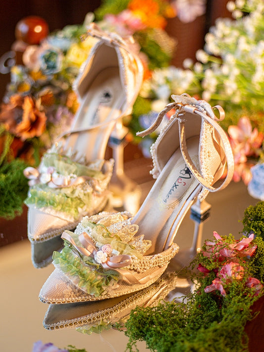 Green Beaded Decorated Knotted Bow Accent Floral Design Pointed Toe 5CM/8CM High Heels