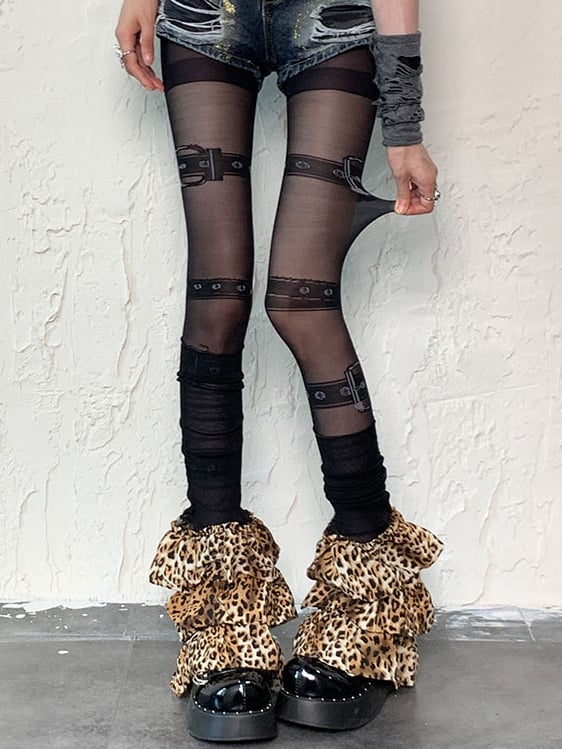Black Punk Buckle Print Tights